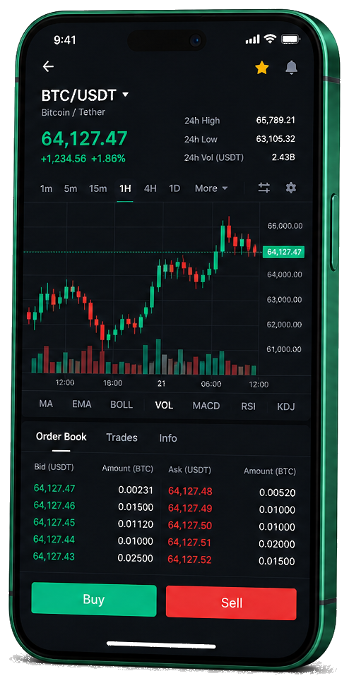 Interface mobile de trading Troquévande — cotations BTC/USDT en temps réel, carnet d’ordres et outils de suivi des opérations